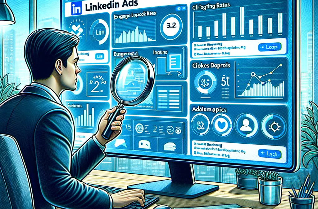 Illustration showing a LinkedIn Ads expert analyzing metrics at an advanced level